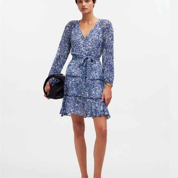Madewell women's Tie-Waist Tiered Mini Dress in Floral Blue Ditsy 0 - Picture 4 of 16